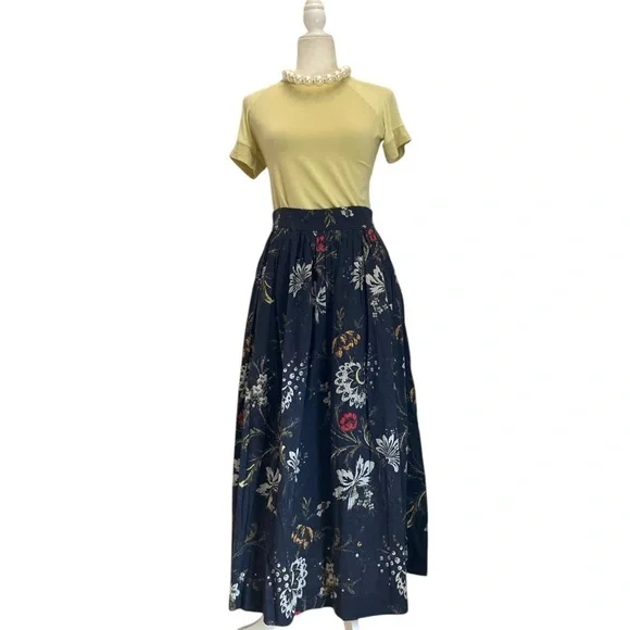Dries Van Noten Aline Midi Skirt Floral Cotton Voile Deep Ocean Blue - Picture 2 of 14